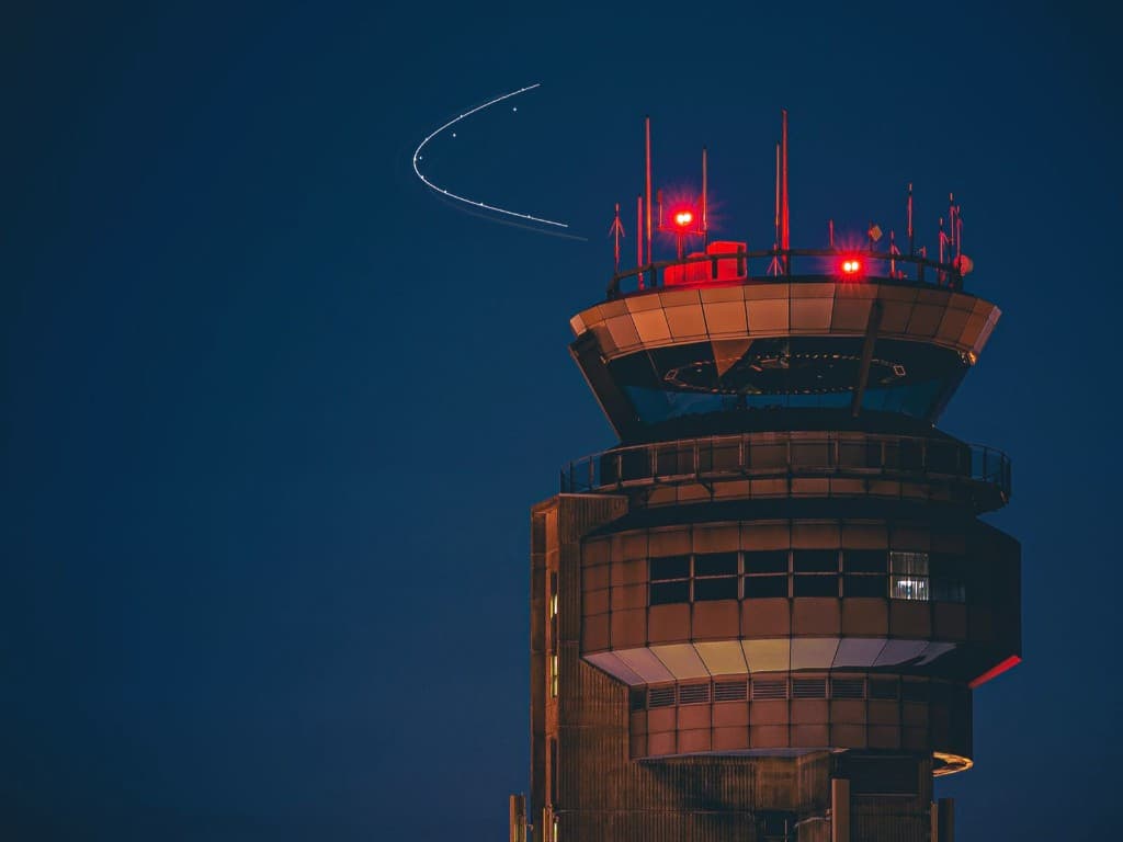 Montreal air traffic control tower at night