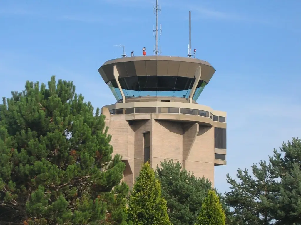 Boundary Bay air traffic control tower against a clear blue sky